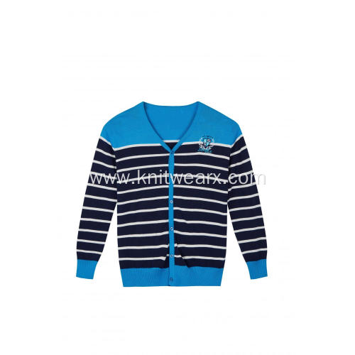 Boy's Knitted Striped Logo Embroidery Buttoned Cardigan